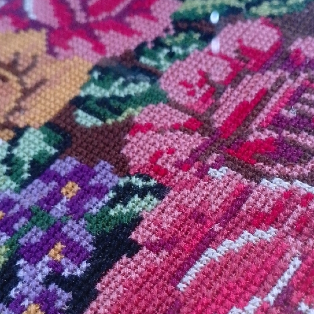 Vintage Needlepoint Art with Red, Pink, Yellow, Green Blooms - Picture 5 of 8